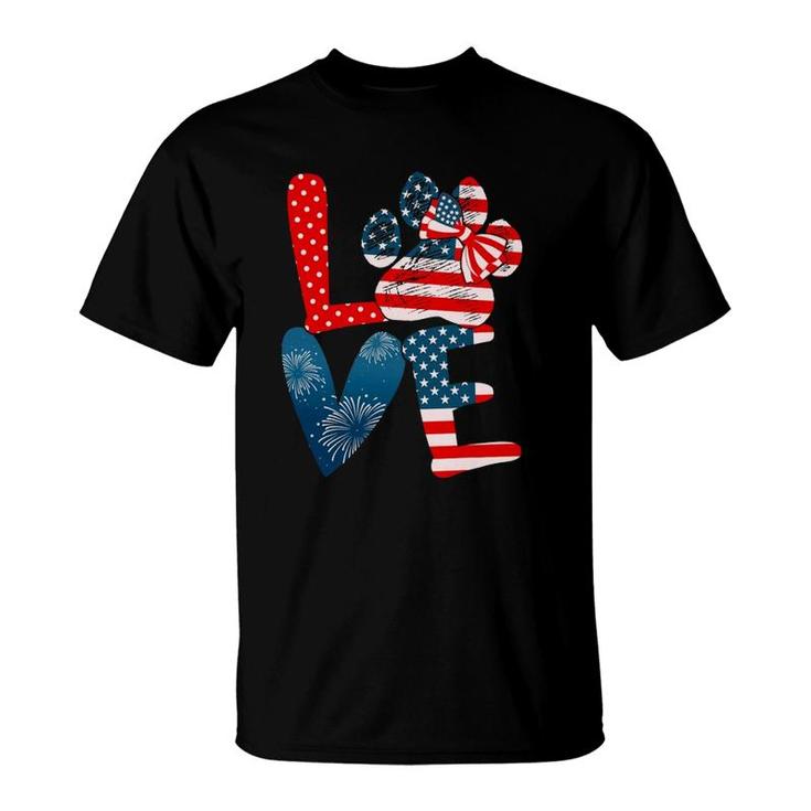 Love Dog Paw American Flag Dog Lover 4Th Of July Funny Tees T-Shirt