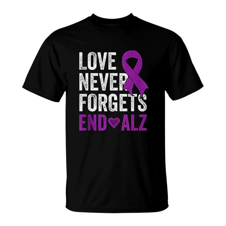 Love Never Forgets   Purple Ribbon Awareness End Alzheimers T-Shirt