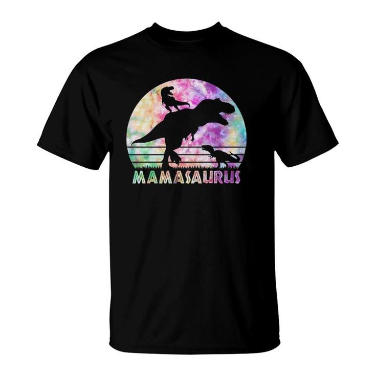 Mamasaurus Tie Dye Sunset Funny Dinosaur Mother Of 2 Kids T-Shirt