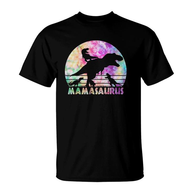 Mamasaurus Tie Dye Sunset Funny Dinosaur Mother Of 3 Kids T-Shirt