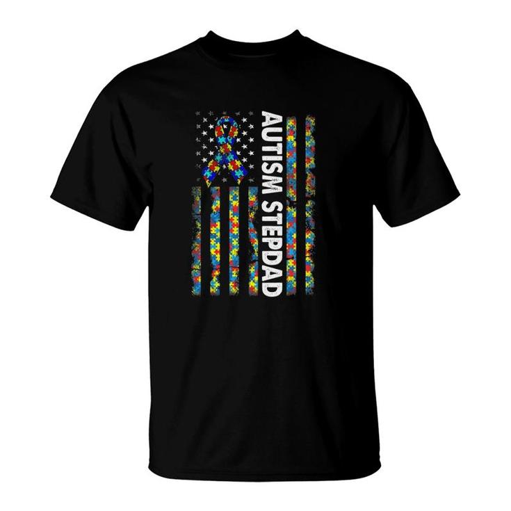 Men Autism Stepdad  American Flag Father's Day Gift T-Shirt