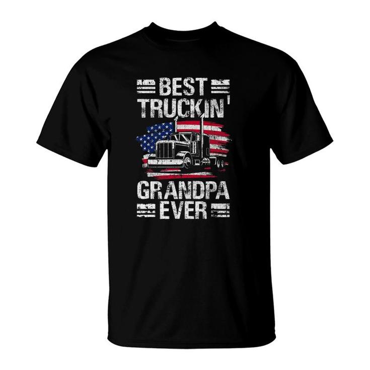 Mens Best Truckin Grandpa Ever Usa Flag Semi Truck Driver Gift T-Shirt