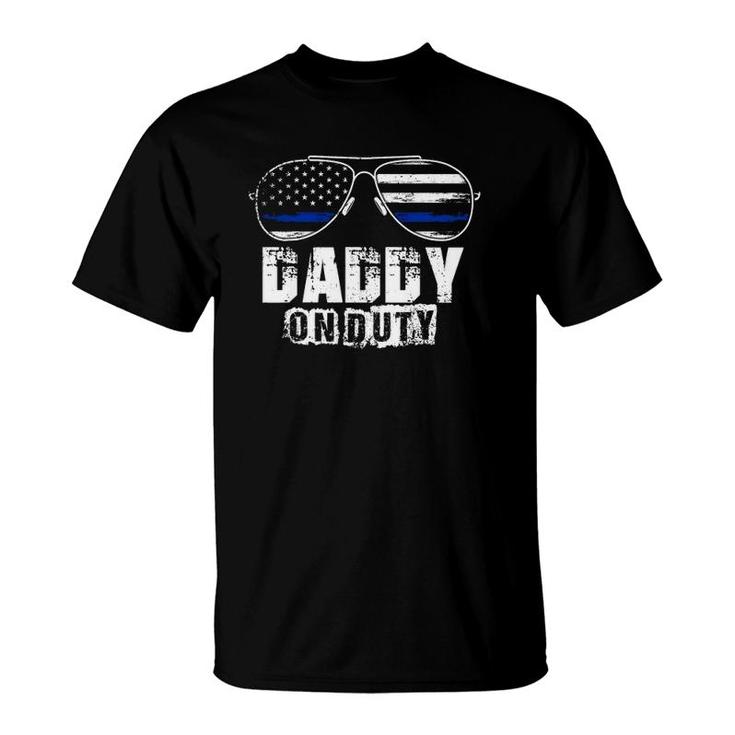 Mens Daddy On Duty Funny Baby Dad American Flag Police Officer T-Shirt