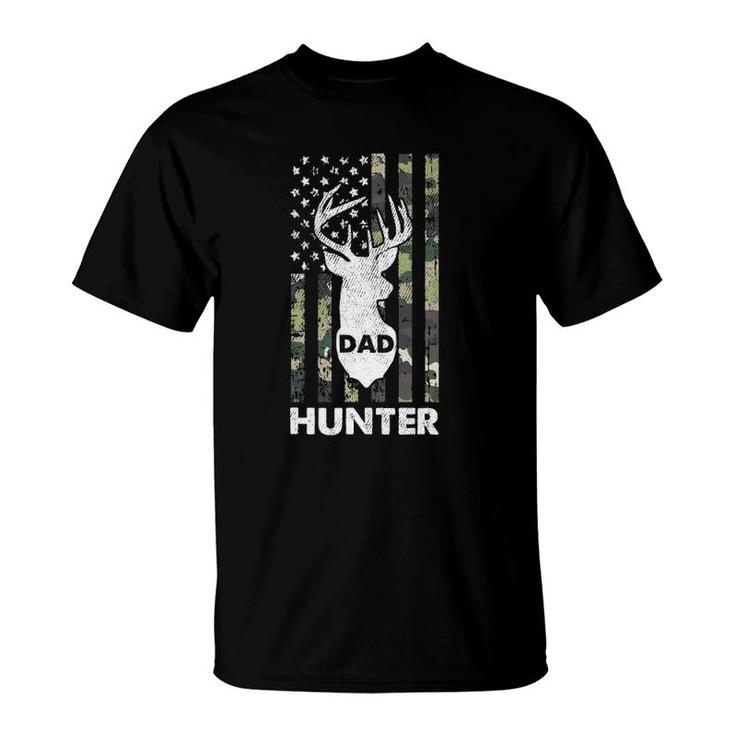 Mens Deer Hunter Dad Fathers Day Hunting American Flag Camo Papa T-Shirt