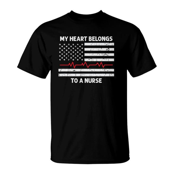 Mens Flag Heartbeat My Heart Belongs To A Nurse Husband Boyfriend T-Shirt