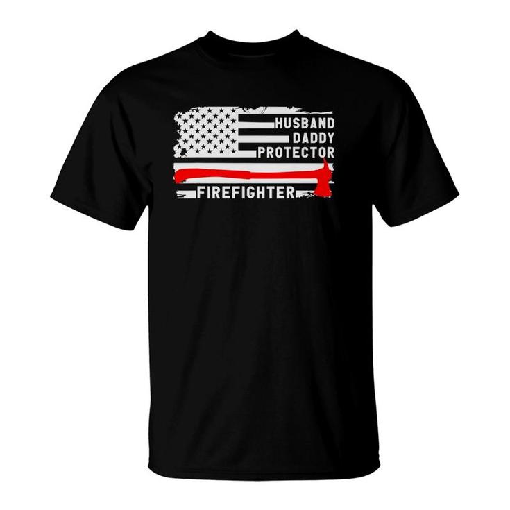 Mens Husband Daddy Protector Firefighter American Flag Fireman T-Shirt