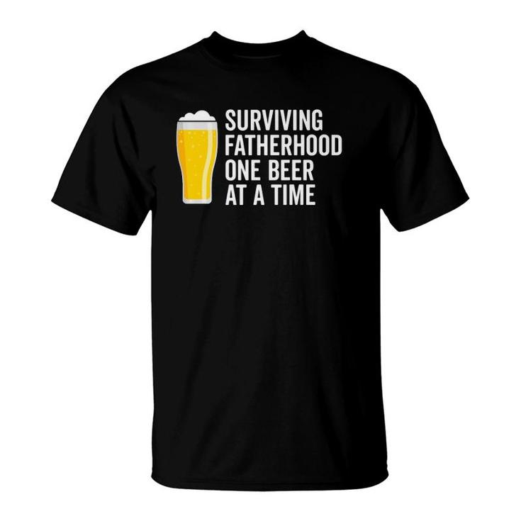 Mens Surviving Fatherhood One Beer At A Time Cool Fathers Day  T-Shirt