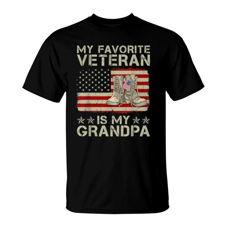My Favorite Veteran Is My Grandpa Combat Boots American Flag  T-Shirt