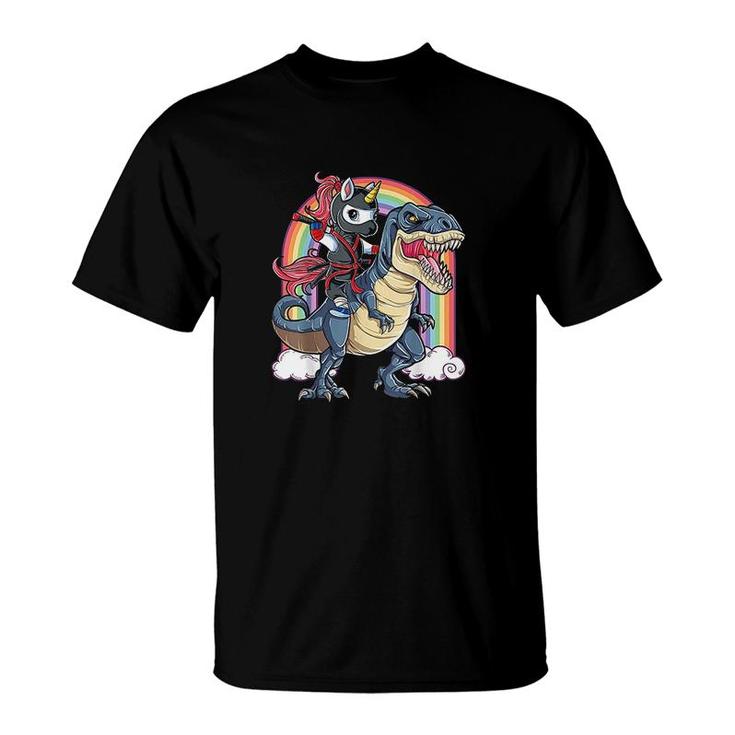 Ninja Unicorn Riding Dinosaur T Rex T-Shirt