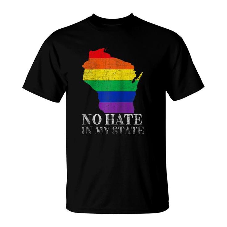 No Hate In My State Wisconsin Map Lgbt Pride Rainbow Gift Raglan Baseball Tee T-Shirt