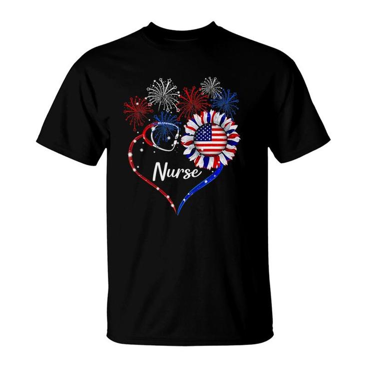 Patriotic Nurse 4Th Of July American Flag Sunflower Love T-Shirt