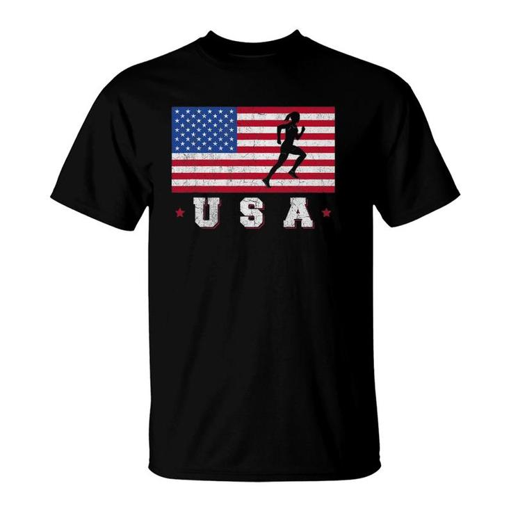 Patriotic Sports Gift American Usa Flag Track And Field T-Shirt