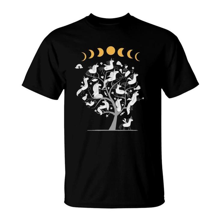 Phases Of The Moon Tree With Unicorns T-Shirt