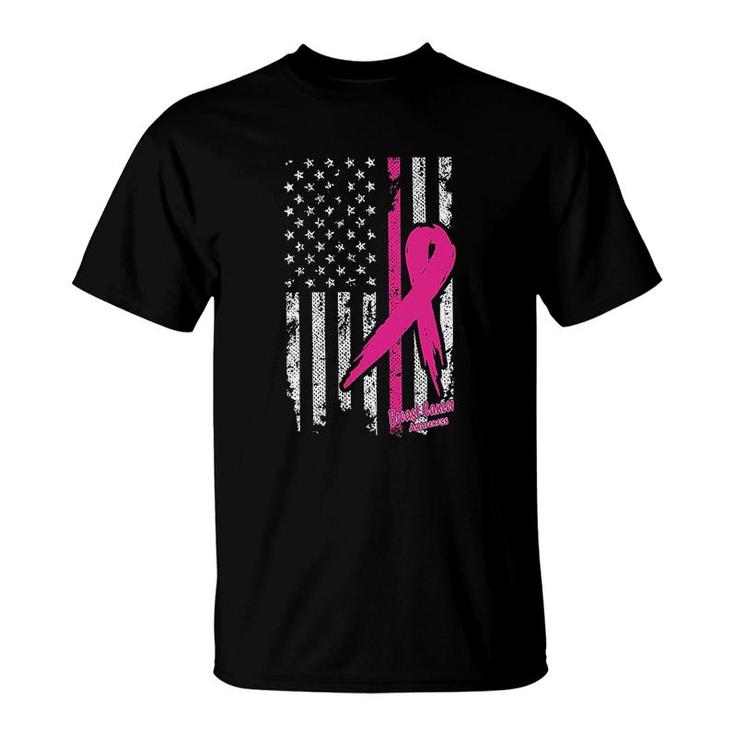 Pink Ribbon American Flag T-Shirt | Mazezy