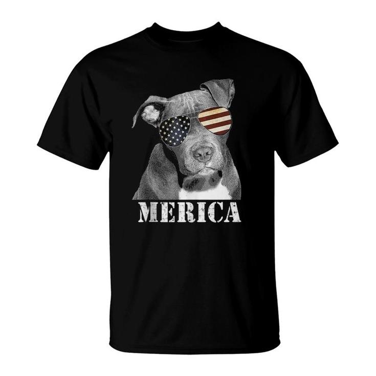 Pitbull Funny Merica Patriotic Dog 4Th July Usa Flag Shades  T-Shirt