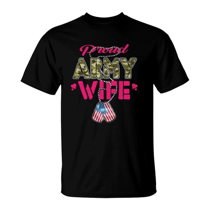 Proud Army Wife Camo Us Flag Dog Tags Pride Military Spouse  T-Shirt
