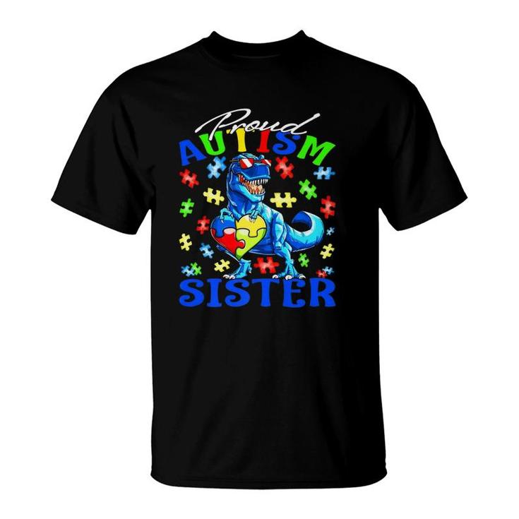 Proud Autism Sister Dinosaur Autism Awareness T-Shirt
