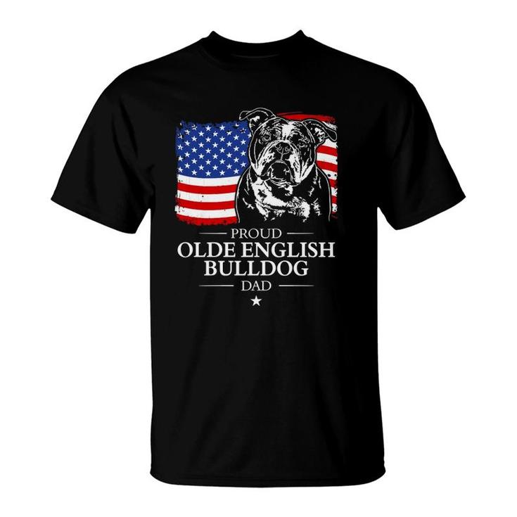 Proud Olde English Bulldog Dad American Flag Patriotic Dog  T-Shirt