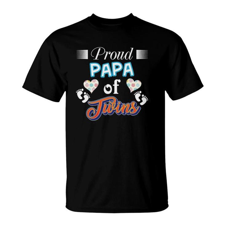 Proud Papa Of Twins Father Day Heart Footprint Dad Daddy T-Shirt
