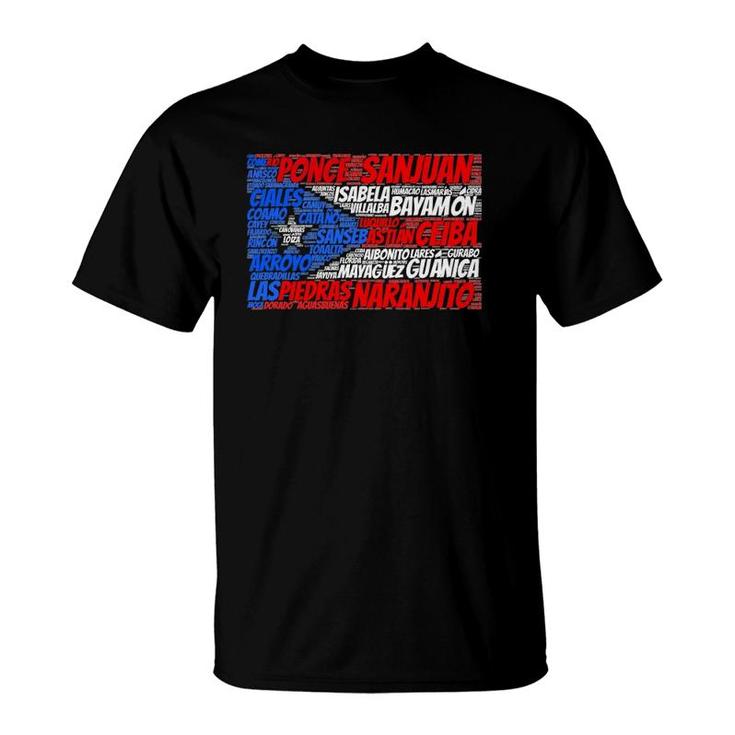 Puerto Rican Flag With Towns And Cities Of Puerto Rico Gift T-Shirt