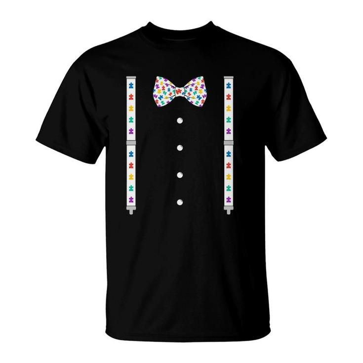 Puzzle Piece Bow Tie Suspenders Autism Awareness Men Boys T-Shirt