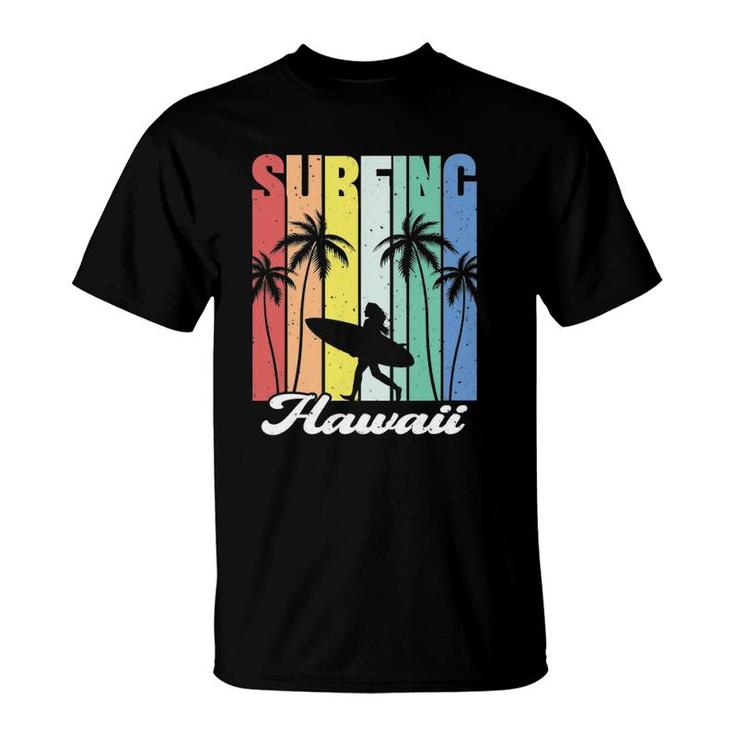 Surfing Hawaii Hawaiian Island Surfer Girl Palm Tree Rainbow T-Shirt