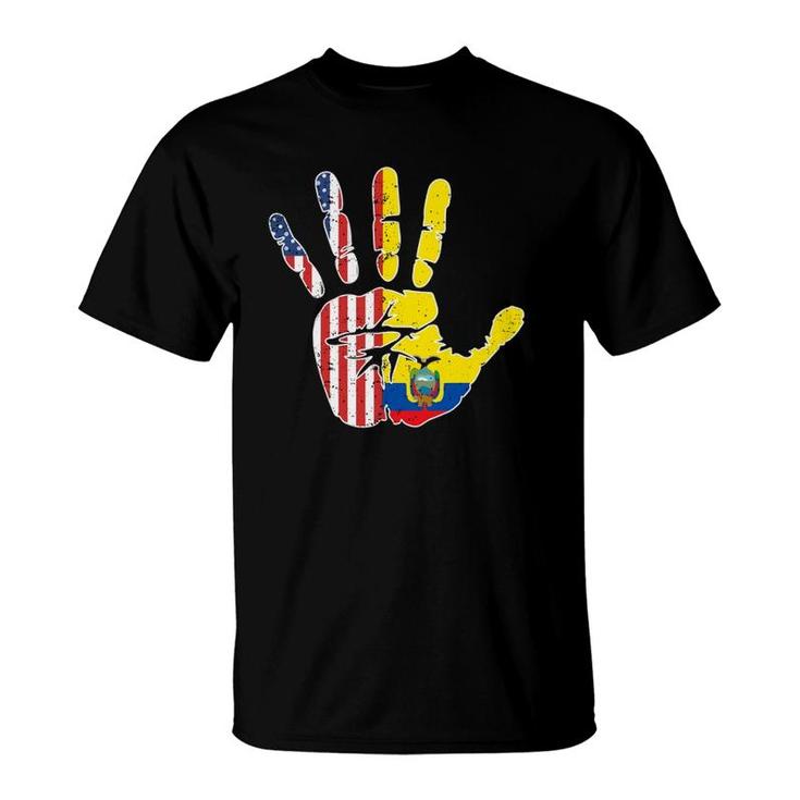 Usa Ecuador Handprint Flag Proud Ecuadorian American Roots T-Shirt