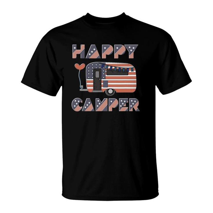Usa Happy Camper Us Flag Patriotic 4Th Of July American Crew T-Shirt