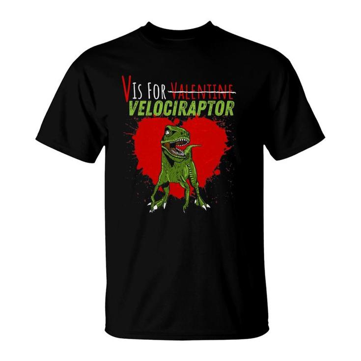 V Is For Valentine Velociraptor Funny Boys, Kids Dinosaur T-Shirt