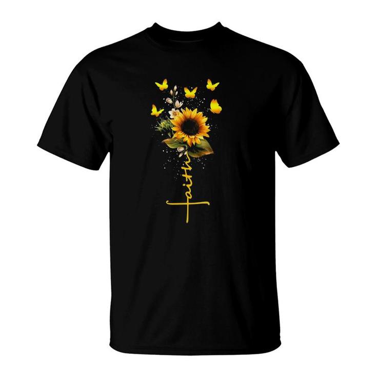 Vintage Faith Cross Sunflower Butterflies Flowers Christians T-Shirt