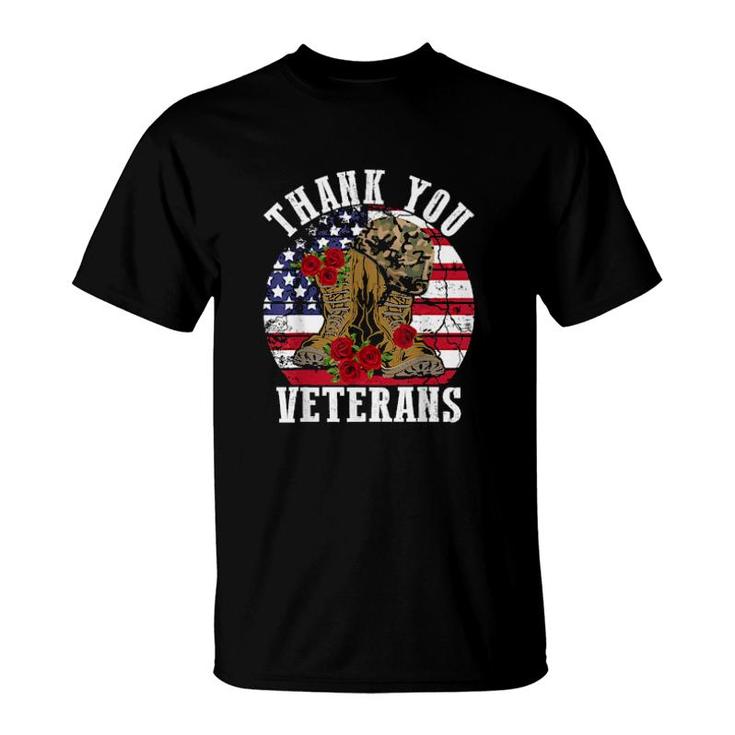 Vintage Thank You Veterans Combat Boots Flower Veterans Day  T-Shirt