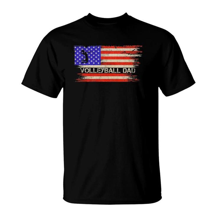 Vintage Usa American Flag Proud Volleyball Dad Silhouette T-Shirt
