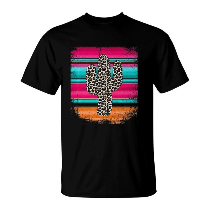 Western Leopard Serape Print Cactus Cowgirl Pink  T-Shirt