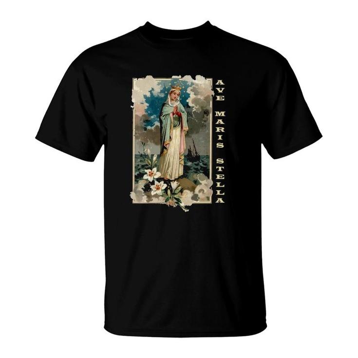 Womens Ave Maris Stella Lady Blessed Mother Mary Latin Catholic V-Neck T-Shirt