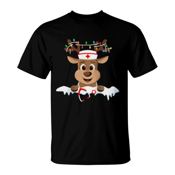 Womens Christmas Nurse Love Nicu Rn Er Santa Reindeer Nurse Hat Elf  T-Shirt