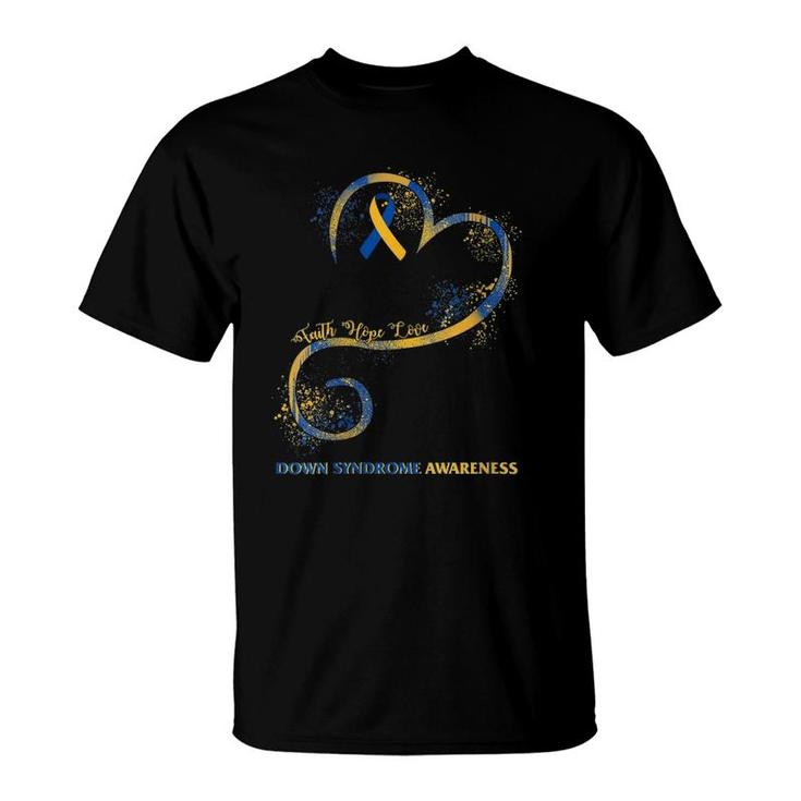 Womens Down Syndrome Mom Awareness Love Yellow Blue Ribbon Mother V-Neck T-Shirt
