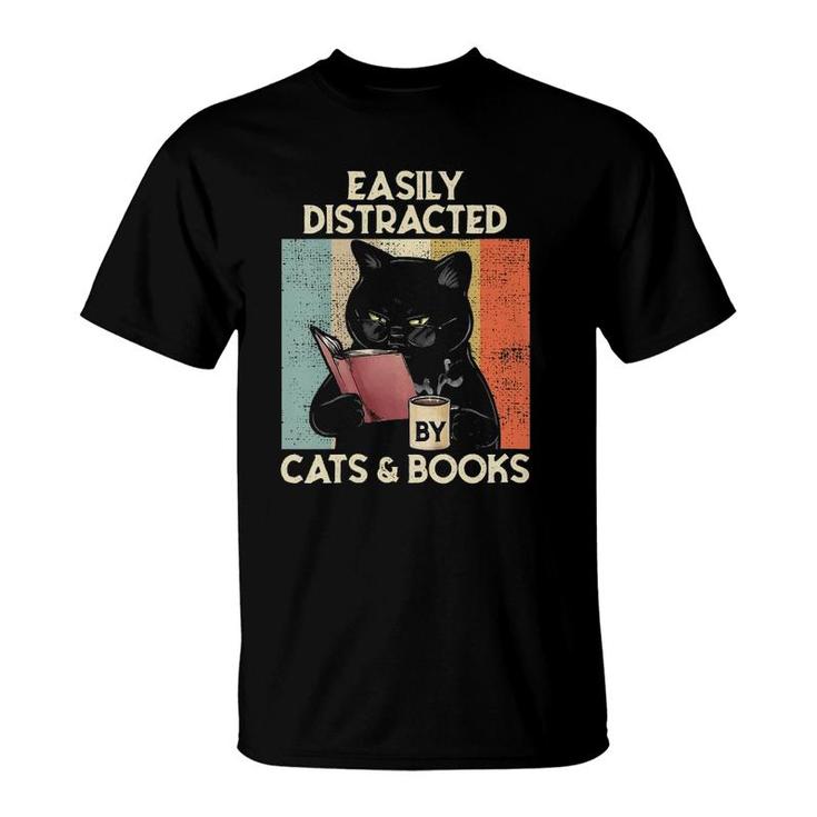 Womens Easily Distracted By Cats And Books For Cat Lovers V-Neck T-Shirt