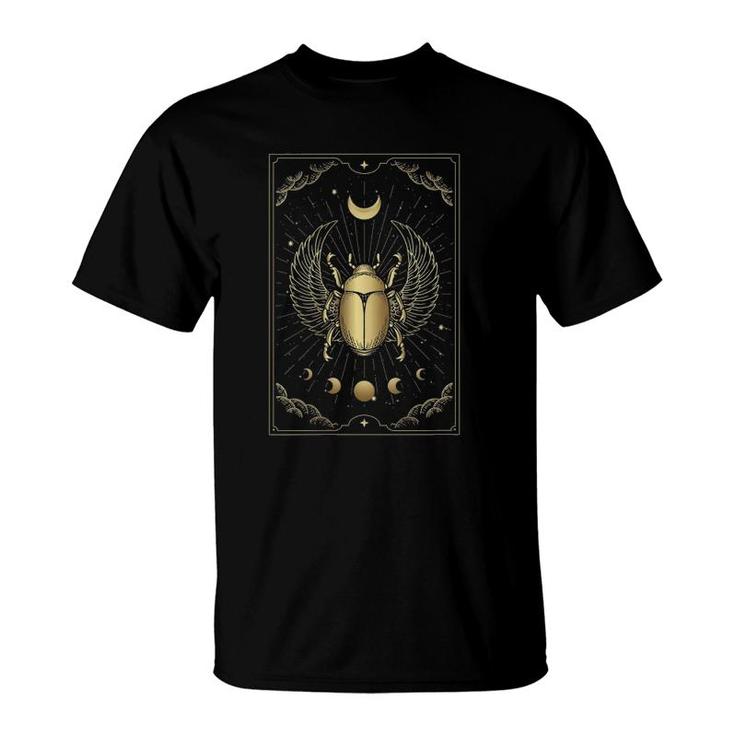 Womens Egyptian Winged Scarab Moonphase Ornament Engraving Tarot V Neck T-Shirt