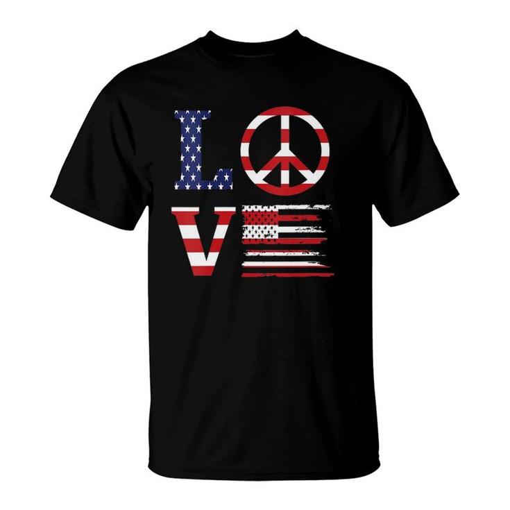 Womens Funny Patriotic 4Th Of July Love American Flag Peace Sign V-Neck T-Shirt