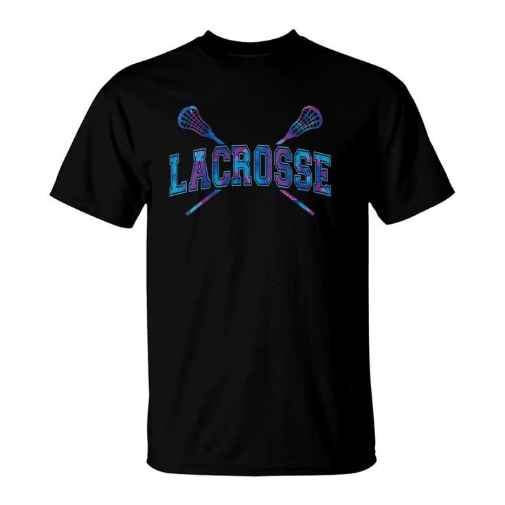 Womens Lacrosse  Girls Boy Purple Blue Tie-Dye Crossed Sticks V-Neck T-Shirt