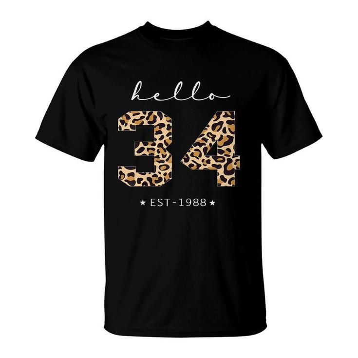 Womens Leopard Hello 34Th Birthday Est 1988 Bday 34 Years Old Girl  T-Shirt