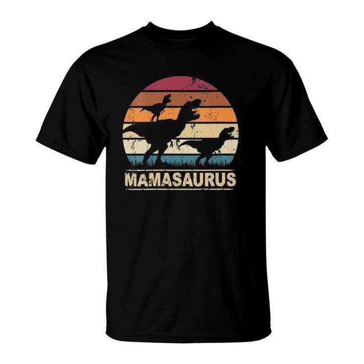 Womens Mamasaurus Rex Dinosaur Pajama Dino Twin Mom With Two Kids V-Neck T-Shirt