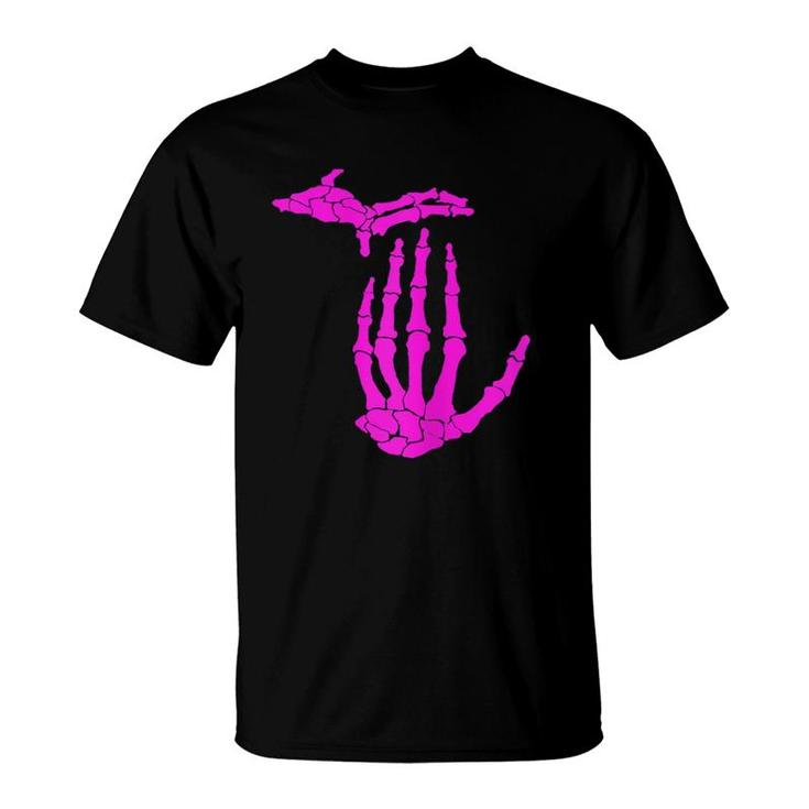 Womens Michigan Pink Skeleton Hand T-Shirt