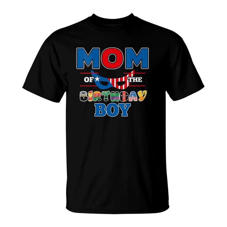 Womens Mom Of The Superhero Birthday Boy Super Hero Party Theme V-Neck T-Shirt