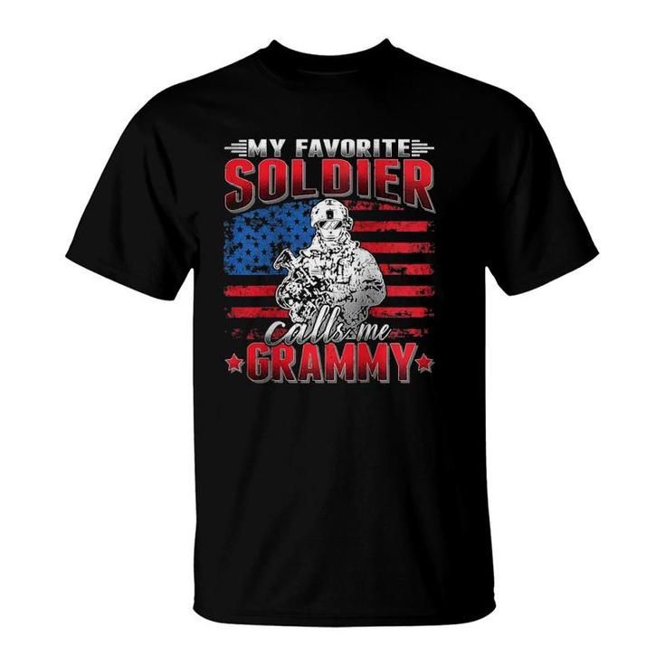 Womens My Favorite Soldier Calls Me Grammy Us Flag Army Grandmother Raglan Baseball Tee T-Shirt