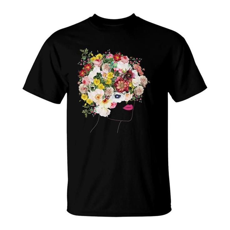 Womens Portrait With Floral Hair Botanical Inspired Flowers Graphic V Neck T-Shirt