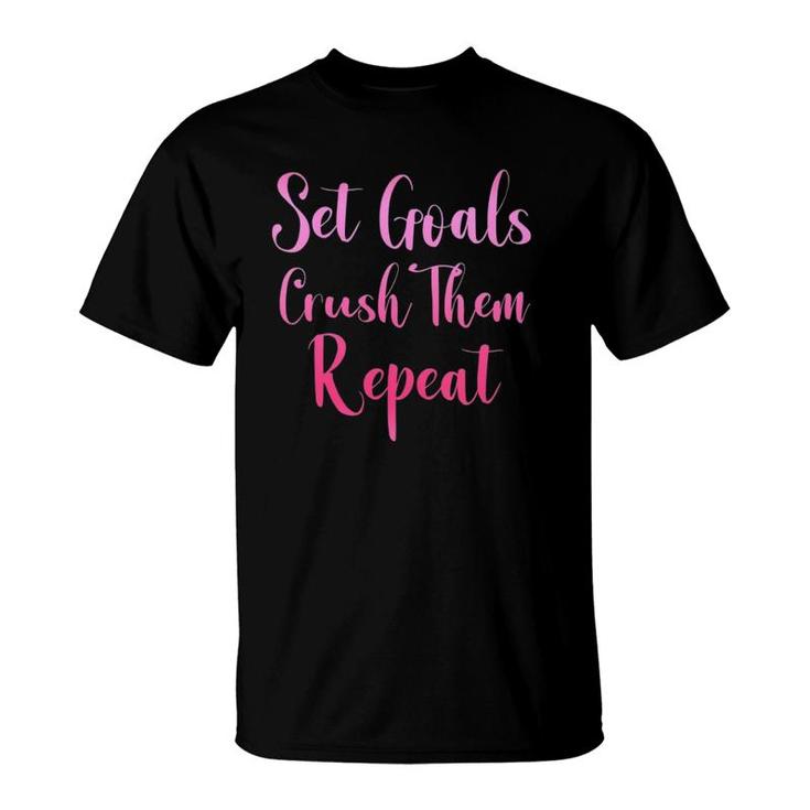 Womens Set Goals Crush Them Repeat Funny Gym Fitness Workout  T-Shirt