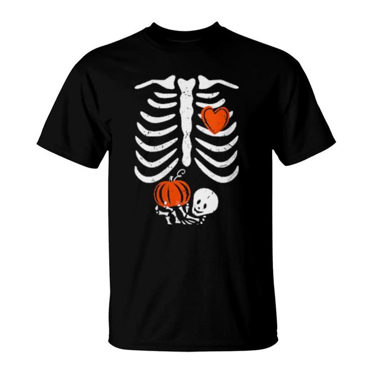Womens Skeleton Heart Rib Cage Xray Pumpkin Halloween T-Shirt