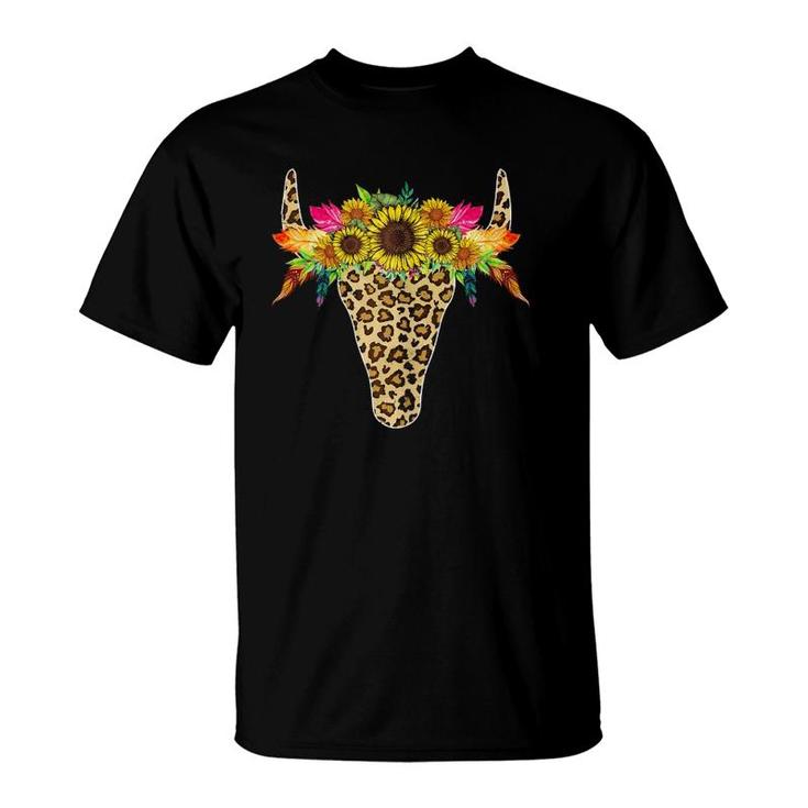 Womens Sunflower Leopard Cow Bull Skull Costume Mother's Day T-Shirt