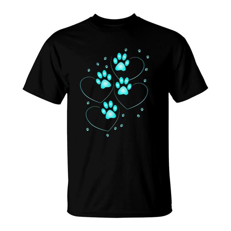 Womens Turquoise Hearts With Paws Of A Dog Or Cat V-Neck T-Shirt